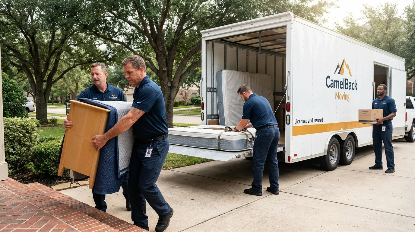 Crew loading residential truck for cross-state move from Tenaha, TX