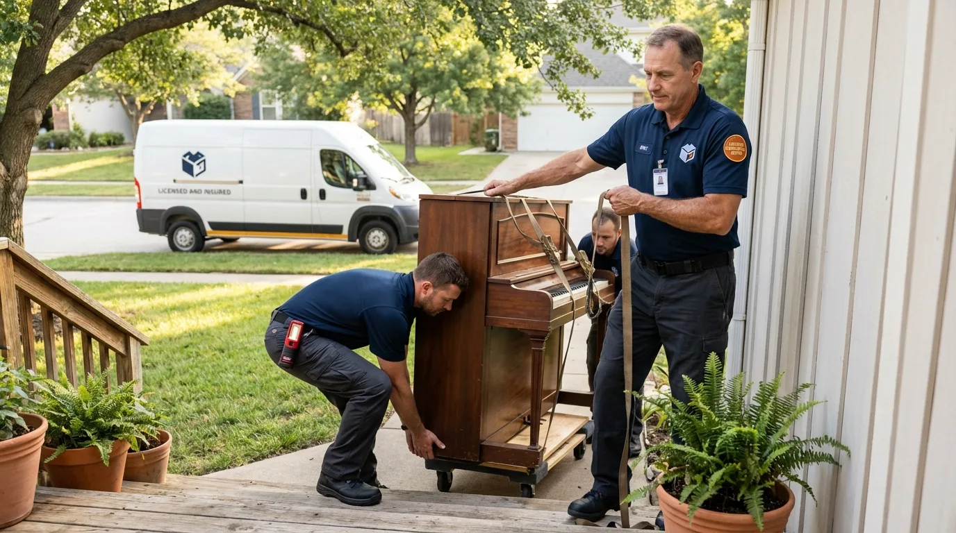 Licensed piano movers securing grand piano in Tenaha, TX